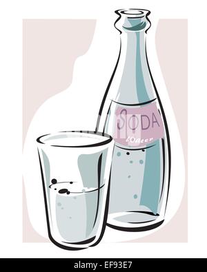 Bottiglia e bicchiere di acqua di soda Illustrazione Vettoriale