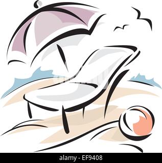 Sdraio sulla spiaggia e ombrellone Illustrazione Vettoriale