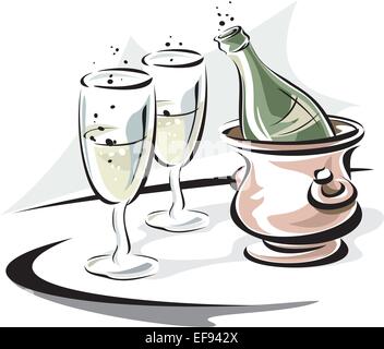 Champagne nel secchiello del ghiaccio e due flauti Champagne Illustrazione Vettoriale