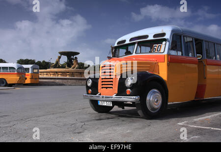 Autobus d'epoca e Fontana del Tritone al capolinea degli autobus, la Valletta, Malta Foto Stock