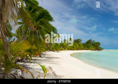La Scenic spiaggia deserta della piccola isola di Ee nell'atollo di Aitutaki, Isole Cook, South Pacific. Foto Stock
