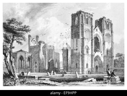 Incisione in acciaio 1842 da castelli e abbazie di Inghilterra Elgin Cathedral in rovine 1835 Foto Stock