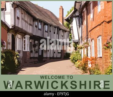 Un poster in stile interpretazione di legname da costruzione incorniciato nel malto Mill Lane, Alcester Warwickshire, Inghilterra, Regno Unito Foto Stock