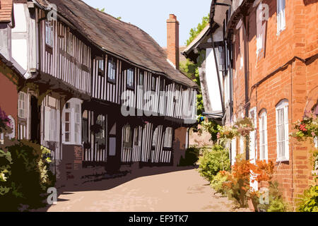 Un poster in stile interpretazione di legname da costruzione incorniciato nel malto Mill Lane, Alcester Warwickshire, Inghilterra, Regno Unito Foto Stock