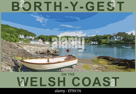 Un poster in stile interpretazione del piccolo villaggio di pescatori di Borth-y-Gest, vicino a Porthmadog, Galles del Nord, Regno Unito Foto Stock