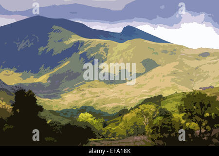 Un poster in stile di interpretazione Cwm Pennant valley e la cresta Nantlle, Snowdonia National Park, North Wales, Regno Unito Foto Stock