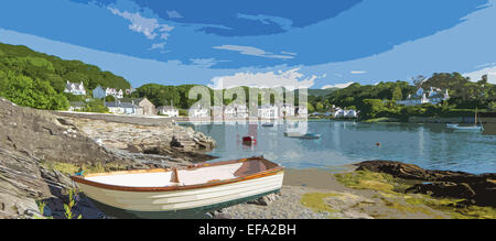 Un poster in stile interpretazione del piccolo villaggio di pescatori di Borth-y-Gest, vicino a Porthmadog, Galles del Nord, Regno Unito Foto Stock