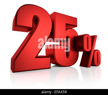 3D rendering di 25 percento in lettere rosse su sfondo bianco con ombra Foto Stock