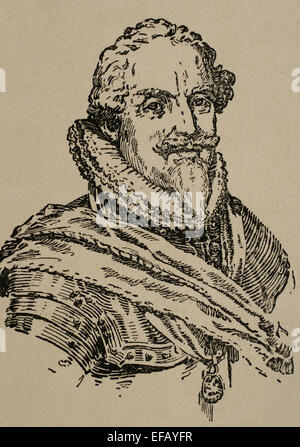 Maurizio di Nassau (1567-1625). Principe di arancione dal 1618 e stadtholder delle Province Unite dei Paesi Bassi (ad eccezione della provincia di Friesland) fin dai primi 1585 fino alla sua morte nel 1625. Ritratto in 'La Ilustracion Española y americana". Incisione, 1876. Foto Stock