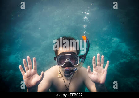 Diving Snorkeler nuotare sotto l'acqua. Foto Stock