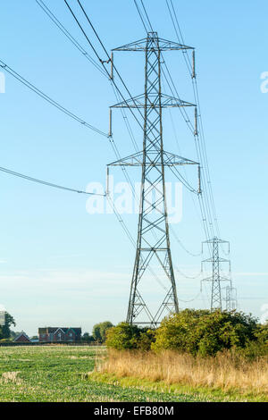 Elettricità piloni portanti delle linee di alimentazione attraverso i campi e dominando le case vicine, Stoke Bardolfo, Nottinghamshire, England, Regno Unito Foto Stock