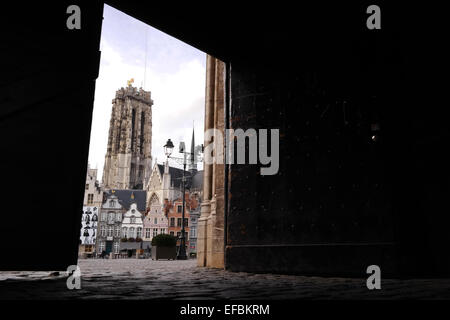 MECHELEN, Belgio - Ottobre 2014: vista a San Rumbolds Cathedral e fiammingo gables del Grote Markt attraverso un cancello Foto Stock