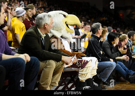 Chestnut Hill, Massachusetts, STATI UNITI D'AMERICA. 28 gen, 2015. Baldwin il Boston College Eagles mascotte si siede con ventilatori durante il NCAA pallacanestro tra i cardinali di Louisville e il Boston College Eagles tenutosi presso il Conte Forum in Chestnut Hill, Massachusetts. Louisville ha sconfitto il Boston College 81-72 nel regolamento del tempo. Eric Canha/CSM/Alamy Live News Foto Stock