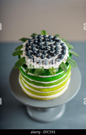Bella spugna buon compleanno torta con mascarpone e uva sulla torta stand Foto Stock