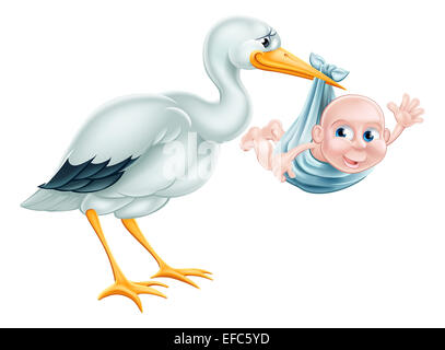 Una illustrazione di un cartoon stork tenendo un bambino di neonato. La metafora del classico per la gravidanza o il parto. Foto Stock