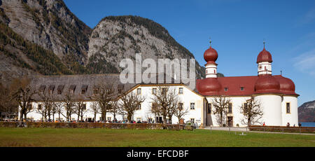 Chiesa del pellegrinaggio di San Bartholomä am Königssee, Berchtesgadener Land district, Alta Baviera, Baviera, Germania, Europa Foto Stock