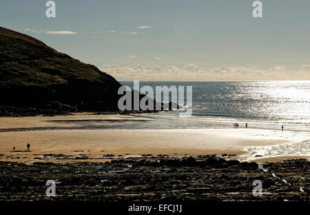 Manorbier, Pembrokeshire, Il Galles ha una grande e bellissima baia di spazzamento e di attrazione turistica al di sotto del cielo aperto. Foto Stock