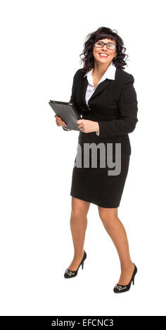 Allegro senior business Donna con computer Tablet, isolato su bianco Foto Stock