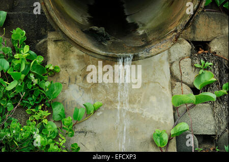 Close-up dettaglio di acqua che fluisce dal calcestruzzo liquami tubo di scarico Foto Stock