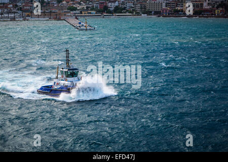 Un rimorchiatore a traino combattendo le onde nel porto di Kusadasi, Turchia, Eurasia. Foto Stock