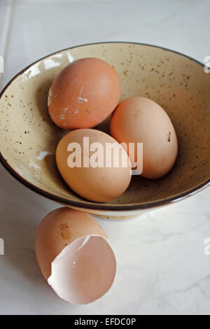 Tre free-range le uova in una ciotola più un vuoto guscio d'uovo Foto Stock