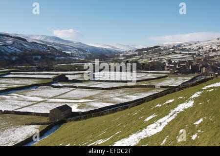 Swaledale, North Yorkshire , REGNO UNITO. Il 1° febbraio 2015. Il sole invernale evidenziando il campo fienili e muri in pietra a secco a Gunnerside, Swaledale, North Yorkshire con la neve sulle colline innevate dello Yorkshire Dales in distanza. Credito: David Handson/Alamy Live News Foto Stock