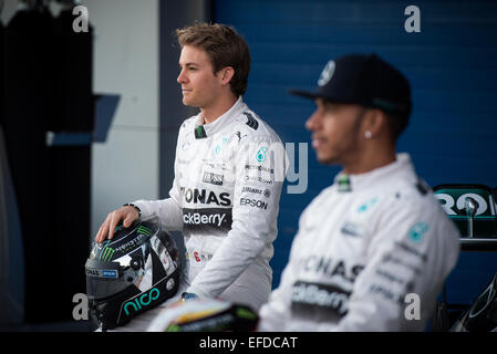 Jerez de la Frontera, Andalusia, Spagna, 01 febbraio, 2015: Nico Rosberg con la presentazione della nuova vettura di Mercedes AMG Petronas Team di Formula Uno nel Circuito de Jerez. Credito: Kiko Jimenez/Alamy Live News Foto Stock