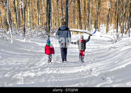 Vista posteriore su due bambini con papà mentre passeggiate nella foresta di neve Foto Stock