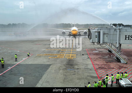 Singapore. 2° febbraio 2015. Foto scattata nel Febbraio 2, 2015 mostra Singapore's Scoot 'Dream Start' Boeing B787 Dreamliner in arrivo al Terminal 1 dell'Aeroporto Changi di Singapore. Scoot celebrato l arrivo del suo primo Boeing B787 Dreamliner aereo a Singapore il lunedì. © poi Chih Wey/Xinhua/Alamy Live News Foto Stock