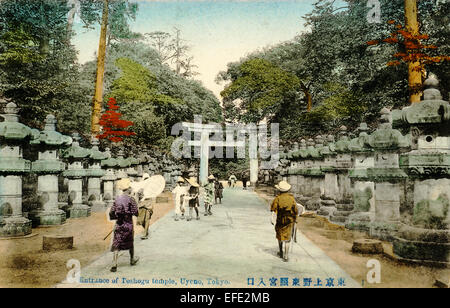 Giappone, Tokyo. Circa 1890-1910 cartolina colorata a mano. Ingresso affrancato da lanterne di pietra che conducono alla porta torii del tempio Toshogu al Parco Ueno Foto Stock