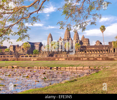 Angkor Wat riflettendo nel lago con fiori Foto Stock