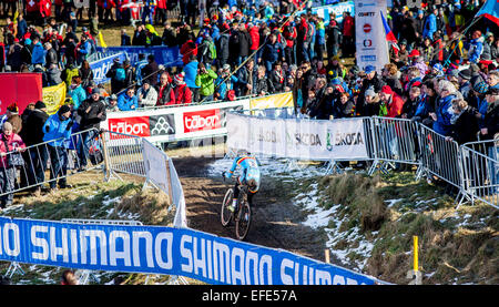 Vincitore Michael Vanthourenhout del Belgio compete durante l'U23 ciclocross Campionato Mondiale di Tabor, 93 chilometri (58 miglia) a sud di Praga, Repubblica Ceca Domenica, 1 febbraio 2015. (CTK foto/Tomas Binter) Foto Stock