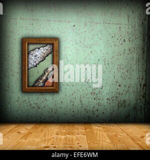 Sfondo minimalista con pareti verdi e telaio in legno Foto Stock