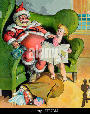 Puck Natale 1896 - Santa Claus tenendo un il boccale e seduto su una grande sedia con Puck, tenendo il 'Numero di Natale", seduto accanto a lui; i loro piedi poggiano su un sacco di giocattoli. Foto Stock