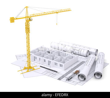 Blocco di appartamenti in costruzione, gru, progetti, strumenti di disegno Foto Stock