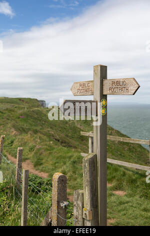 Regno Unito, Bempton Cliffs, sentiero pubblico segno. Sentiero costiero. Foto Stock