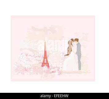 Matrimonio romantico giovane a Parigi vicino alla Torre Eiffel. Scheda retrò. Illustrazione Vettoriale