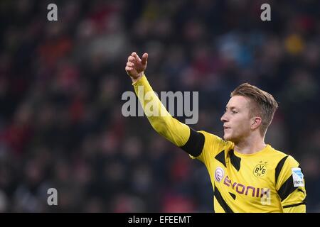 Leverkusen, Germania. 31 gennaio, 2015. Dortmund il Marco Reus reagisce durante il calcio tedesco Bundesliga match tra Bayer Leverkusen e Borussia Dortmund a BayArena a Leverkusen, Germania, 31 gennaio 2015. Foto: Marius Becker/dpa/Alamy Live News Foto Stock