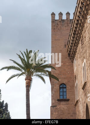 Royal Palace Palma de Mallorca. Dettaglio del Palau Reial l'Almudaina, con palme, nella città vecchia di Palma de Mallorca. Foto Stock