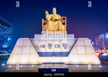 Re Sejong Statua in Gwanghwamun Plaza. Foto Stock