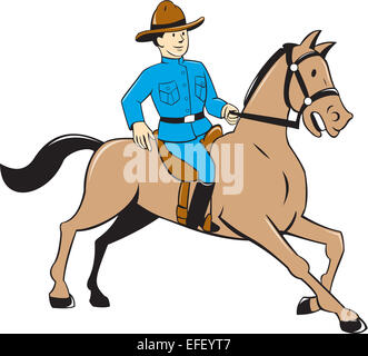 Illustrazione di un poliziotto montato funzionario di polizia a cavallo su sfondo isolato fatto in stile cartoon. Foto Stock