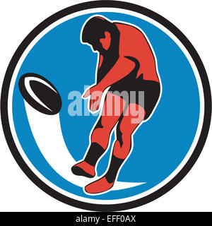 Illustrazione di un giocatore di rugby calci palla vista frontale insieme all'interno del cerchio su sfondo isolato fatto in stile retrò. Foto Stock