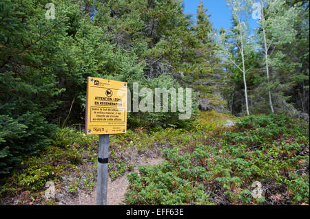 Segno umano limitando l'accesso a una zona di rivegetazione nella Bic national park, provincia del Québec in Canada. Foto Stock