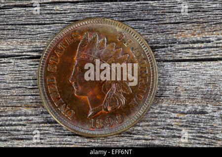 Immagine ravvicinata di Indian Head Cent, condizione non circola, sul legno invecchiato. Coin che mostra in rosso e marrone a colori dal metallo di rame Foto Stock