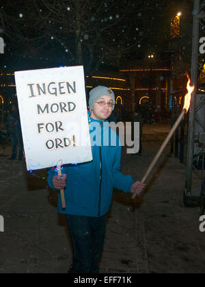 Gli attivisti danese brandendo torce ha preso per le strade di Copenaghen il 2 febbraio 2015 marciare contro l islam radicale. Foto Stock