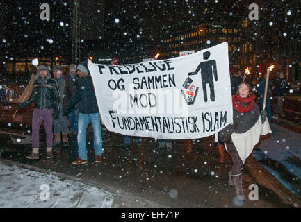 Gli attivisti danese brandendo torce ha preso per le strade di Copenaghen il 2 febbraio 2015 marciare contro l islam radicale. Foto Stock