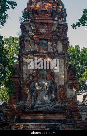 Asia. Thailandia, Phra Nakhon Si Ayutthaya, antica capitale del Siam. Ayutthaya parco archeologico, il Wat Phra Mahathat. Buddha seduto. Foto Stock