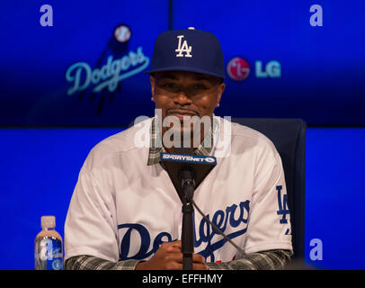 Gennaio 7, 2015 a Los Angeles, CA...Jimmy Rollins risponde alle domande durante la sua introduzione conferenza stampa tenutasi presso il Dodger Stadium di Los Angeles, California. (Obbligatorio Credito: Juan Lainez / MarinMedia.org / Cal Sport Media) (completare il fotografo e il credito richiesto) Foto Stock