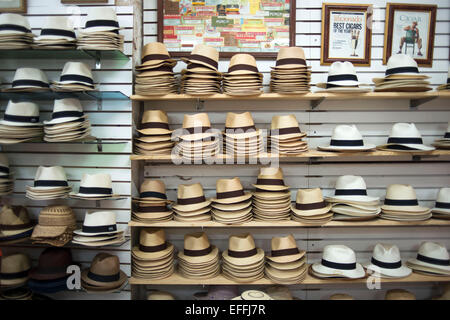 Victor's Panama Shop. Capanna shop. Un cappello di Panama è un tradizionale colmato cappello di paglia che è effettivamente realizzati in Ecuador, non Panama. Foto Stock