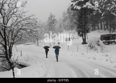 Srinagar, Indiano-controllato del Kashmir. 3 febbraio, 2015. Due uomini del Kashmir a piedi nella neve con ombrelloni in Tangmarg, circa 40 km a nord di Srinagar, la capitale estiva di Indiano-Kashmir controllata, Febbraio 3, 2015. Nevicata in alto raggiunge e pianure di Indiano-Kashmir controllata martedì aria interessato, dei servizi ferroviari e chiuso Srinagar-Jammu autostrada nazionale, l'unica strada di collegamento fra la regione del Kashmir con il resto dell'India. © Javed Dar/Xinhua/Alamy Live News Foto Stock